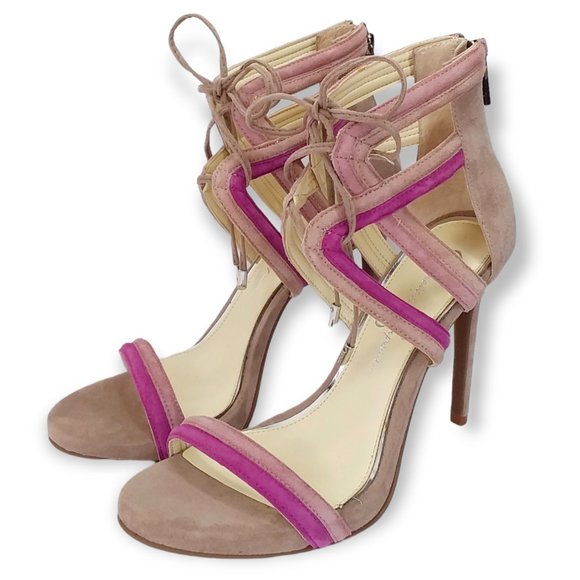 NEW Jessica Simpson Rensa Stiletto Heels Sandals Size 7.5M Taupe Purple Suede - Picture 2 of 12